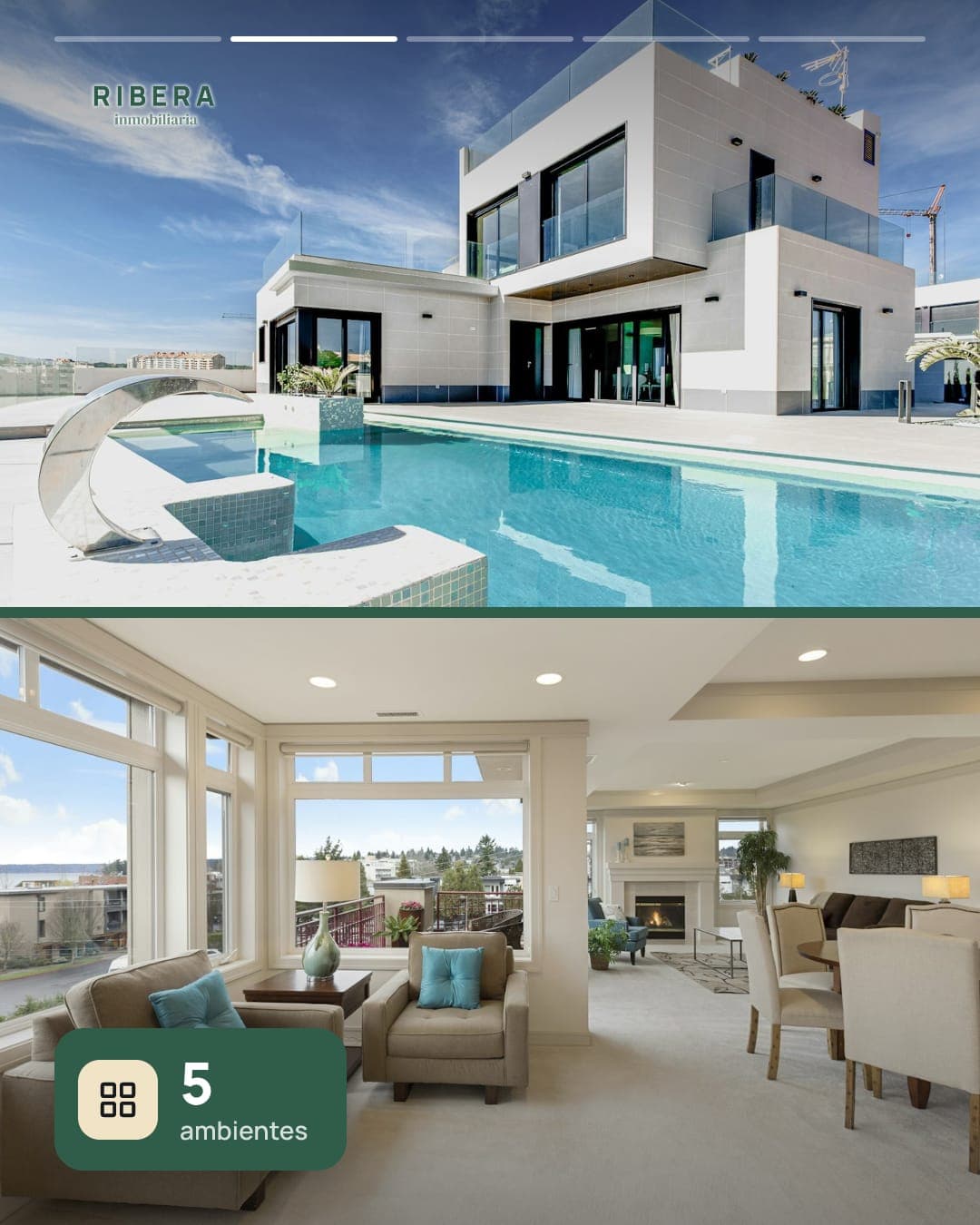 Imagen de carrusel en diseño clásico con dos fotos de una casa en Nordelta, la pileta y el living, y la cantidad de ambientes