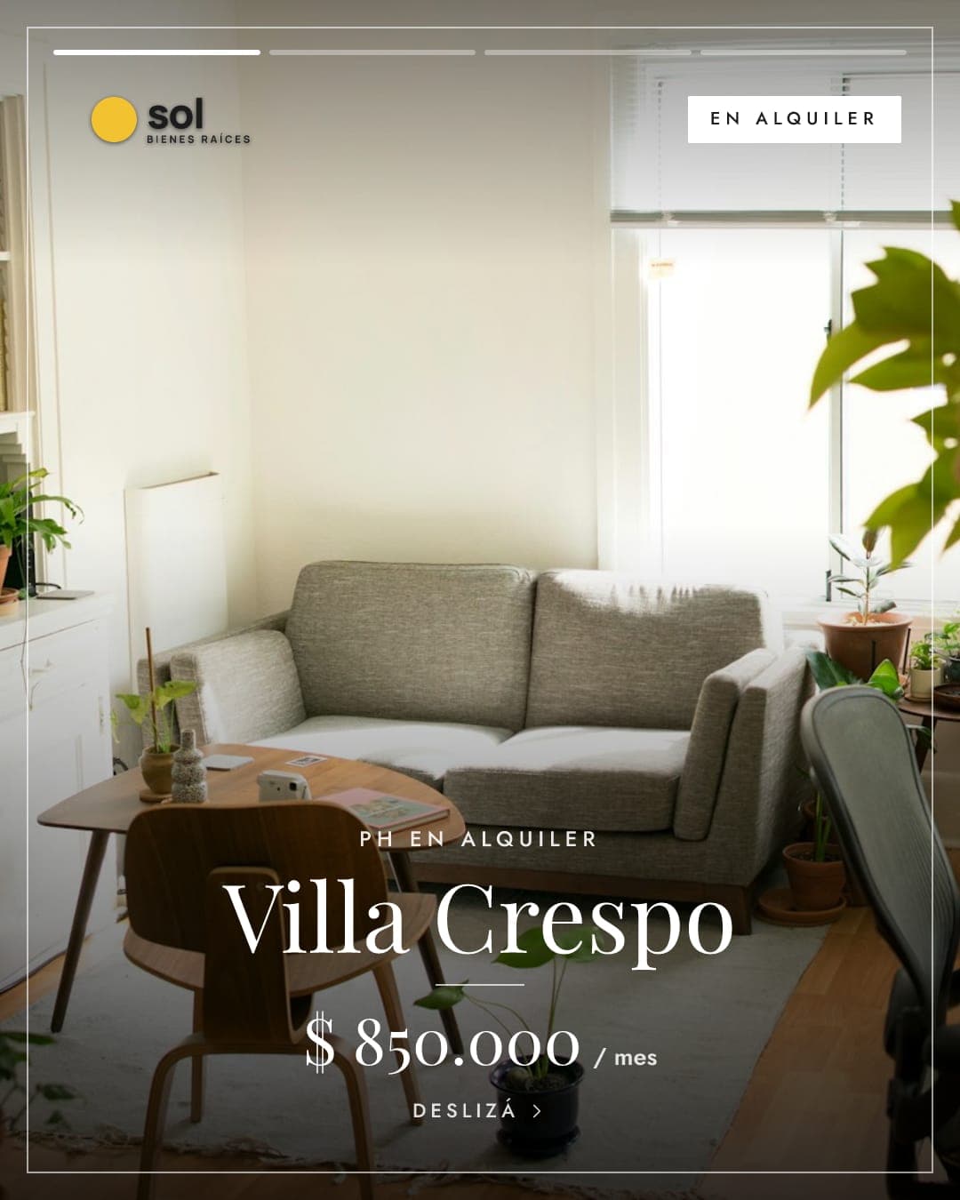 Portada de carrusel en diseño elegante de un PH en alquiler en Villa Crespo, con un marco fino y títulos de revista