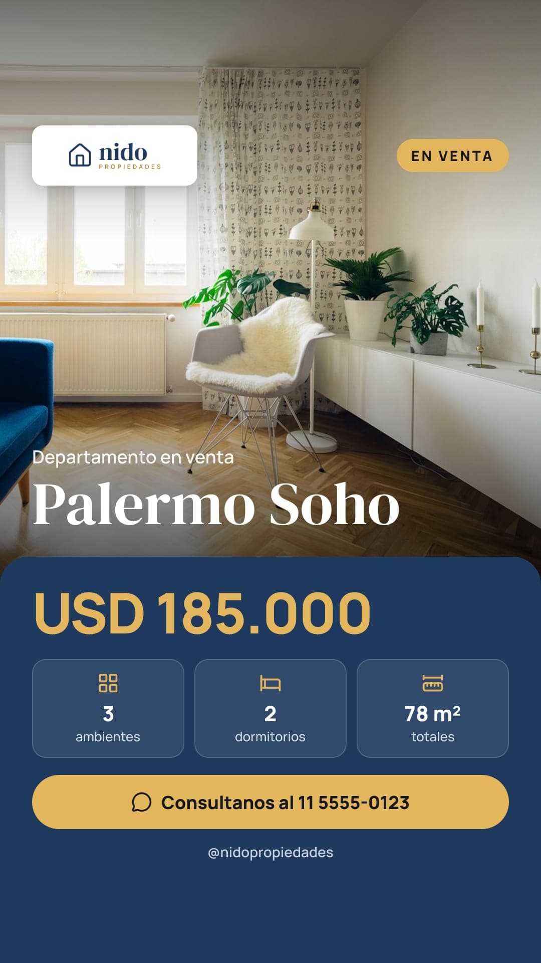Historia en diseño clásico de un departamento en venta en Palermo Soho, con el precio, los ambientes y el botón de WhatsApp