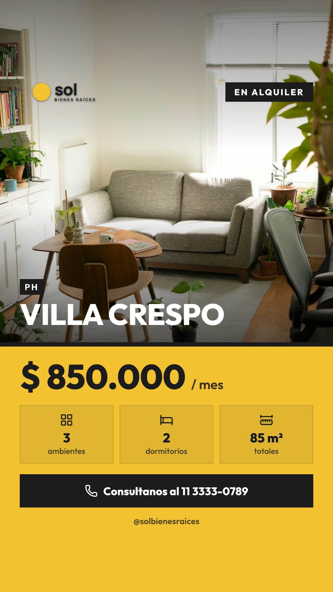 Historia en diseño moderno de un PH en alquiler en Villa Crespo, con el barrio en mayúsculas y los colores amarillo y negro de la inmobiliaria